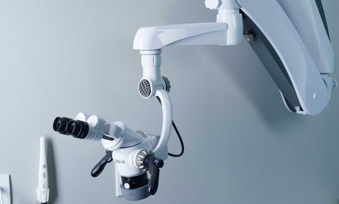 Close-up of a dental microscope used for precision treatments