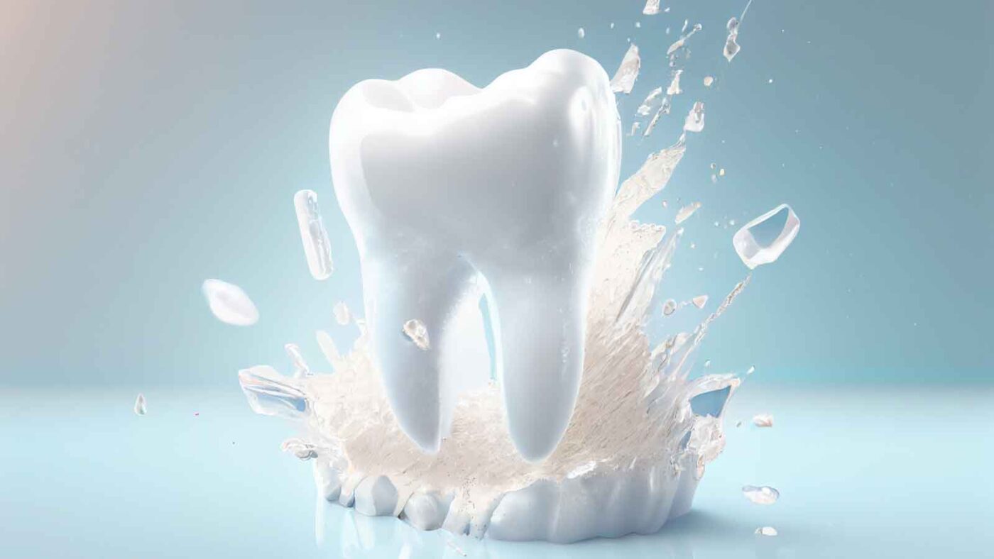 A realistic 3D rendering of a tooth surrounded by water.