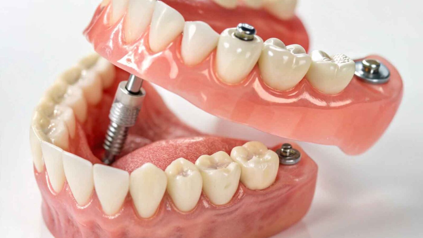 Dental implant components shown in a full mouth model.