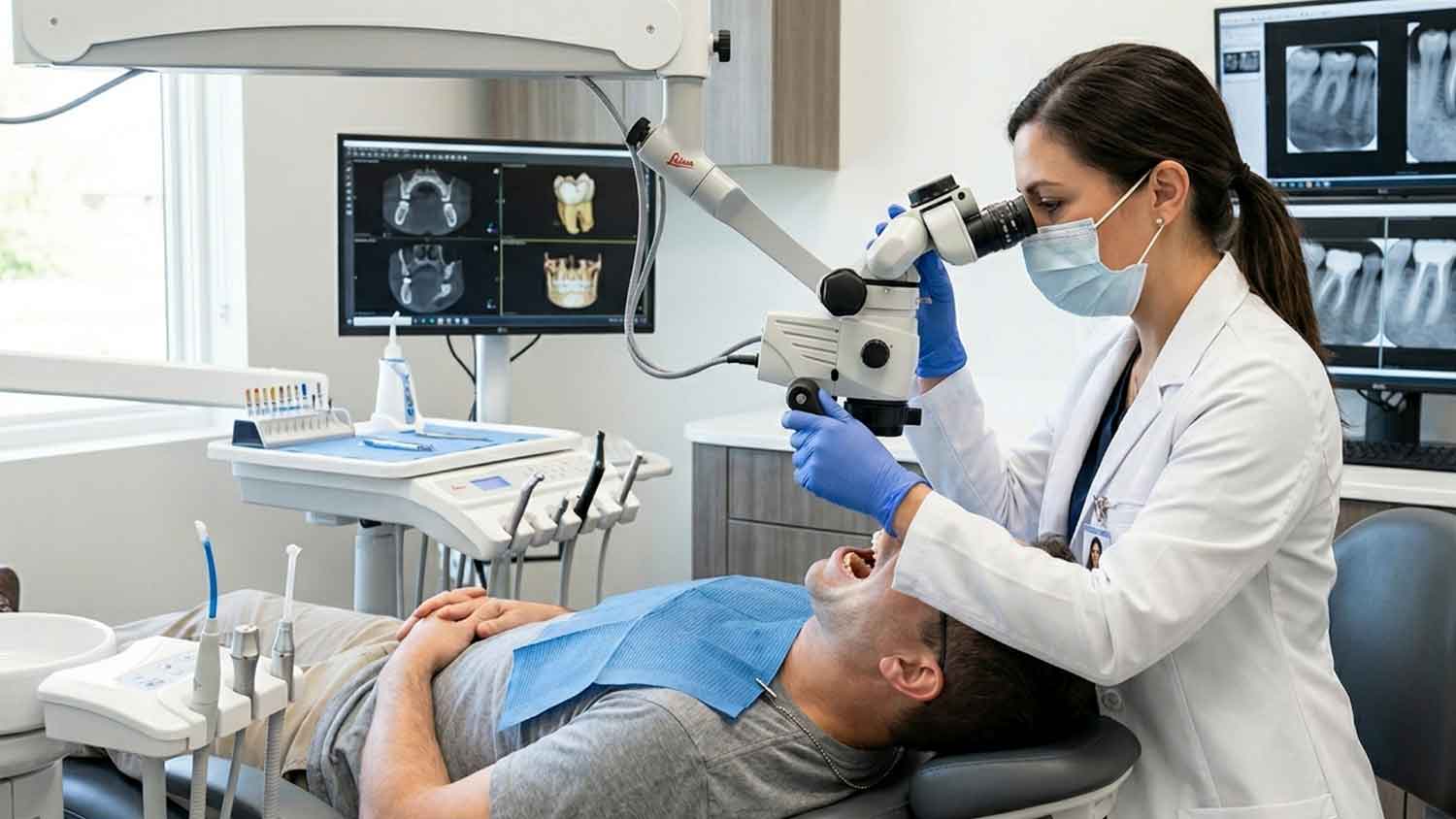 Endodontist using a dental operating microscope to examine a patient during advanced endodontic treatment in Elgin.