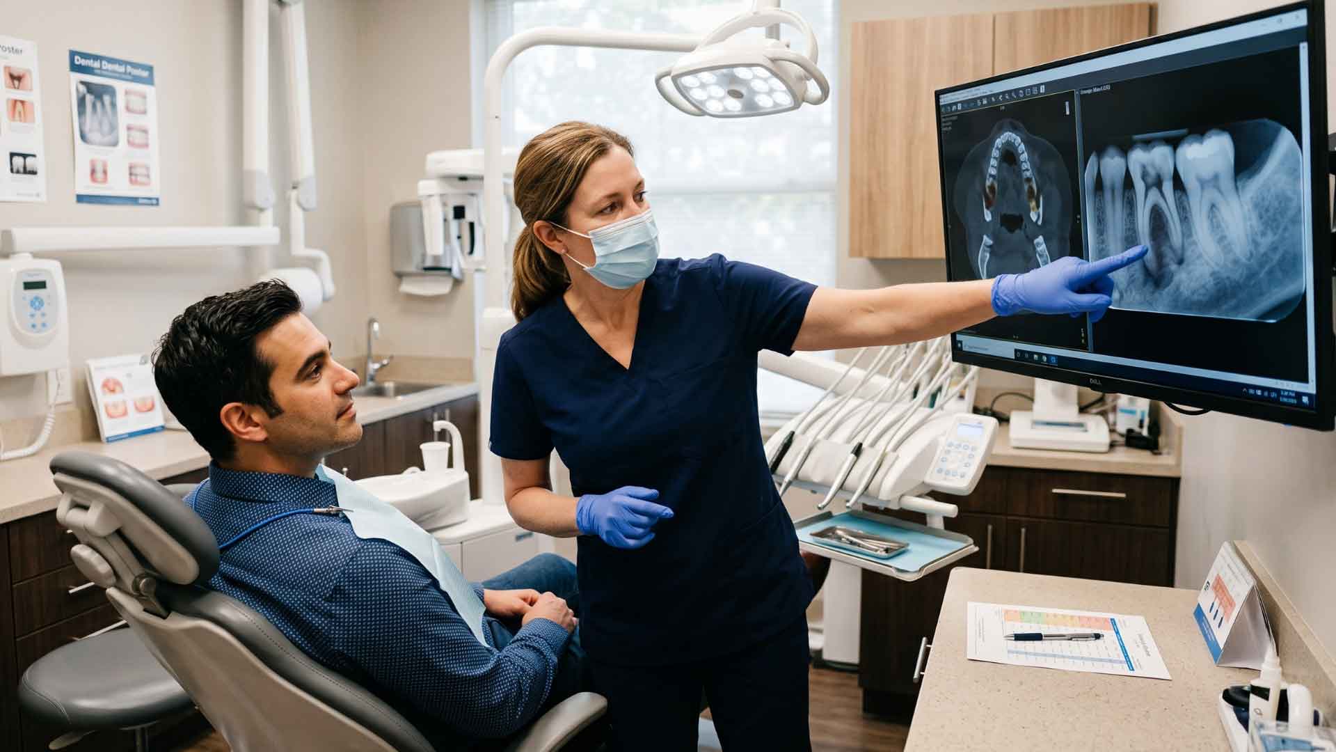 Endodontist explaining dental imaging results to a patient.