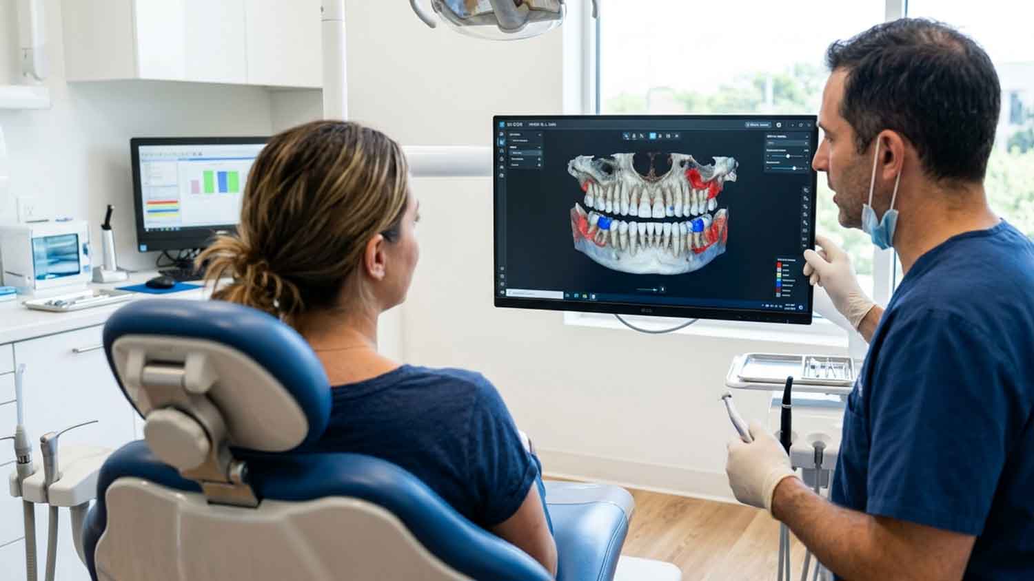 Patient viewing a 3D dental scan with an endodontist.