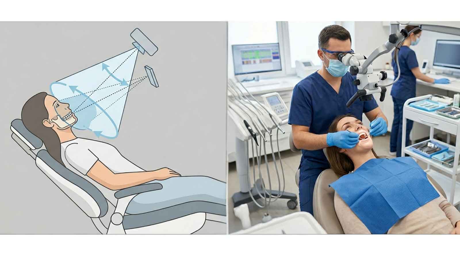 Illustration of cone beam CT imaging beside an endodontist treating a patient.