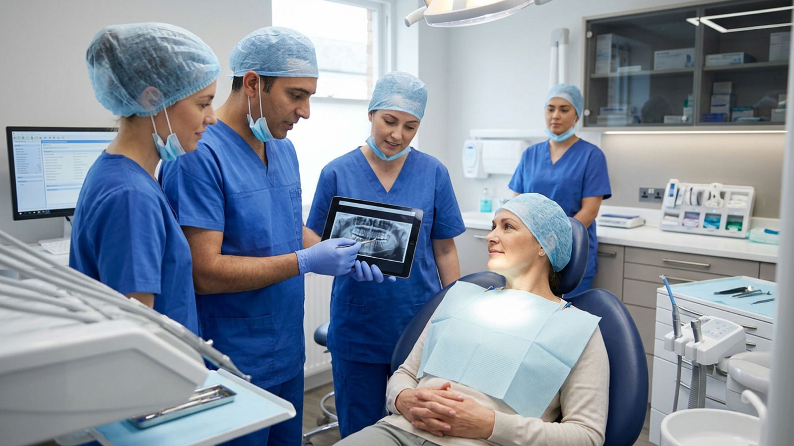 Endodontic team reviewing dental imaging with a patient during an apicoectomy evaluation.