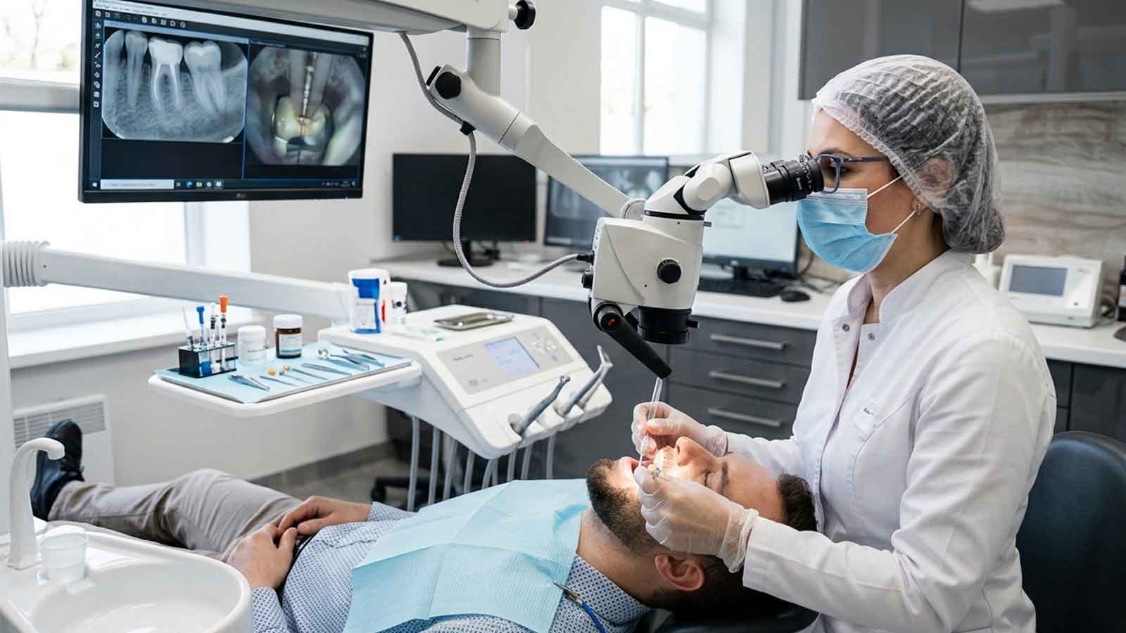 Dental specialist providing emergency endodontic treatment.