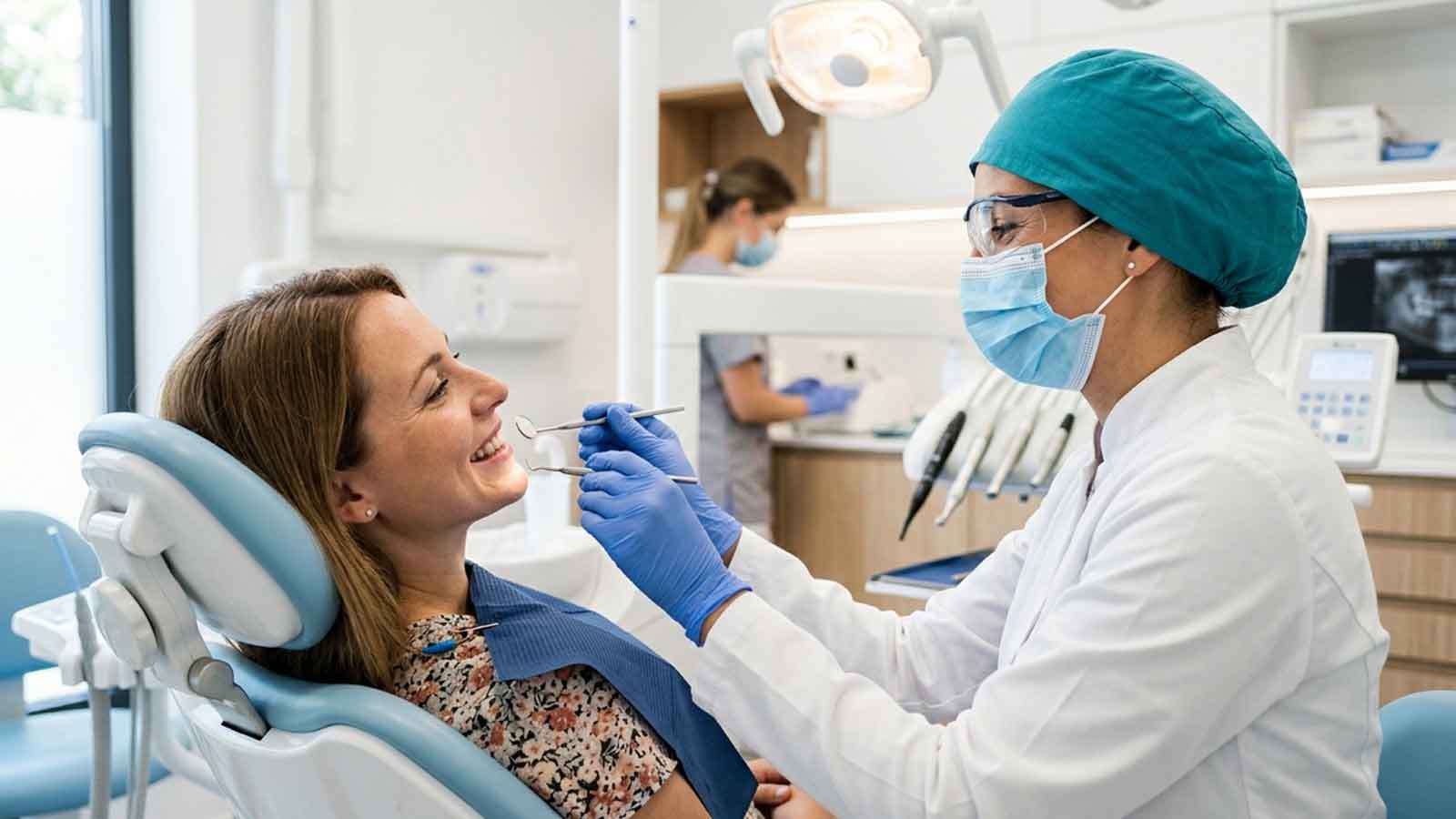 Endodontist performing a dental examination before discussing apicoectomy treatment.