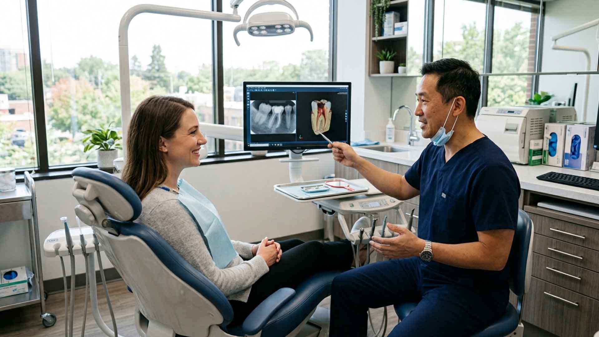 Endodontist discussing a patient’s dental imaging and treatment options.