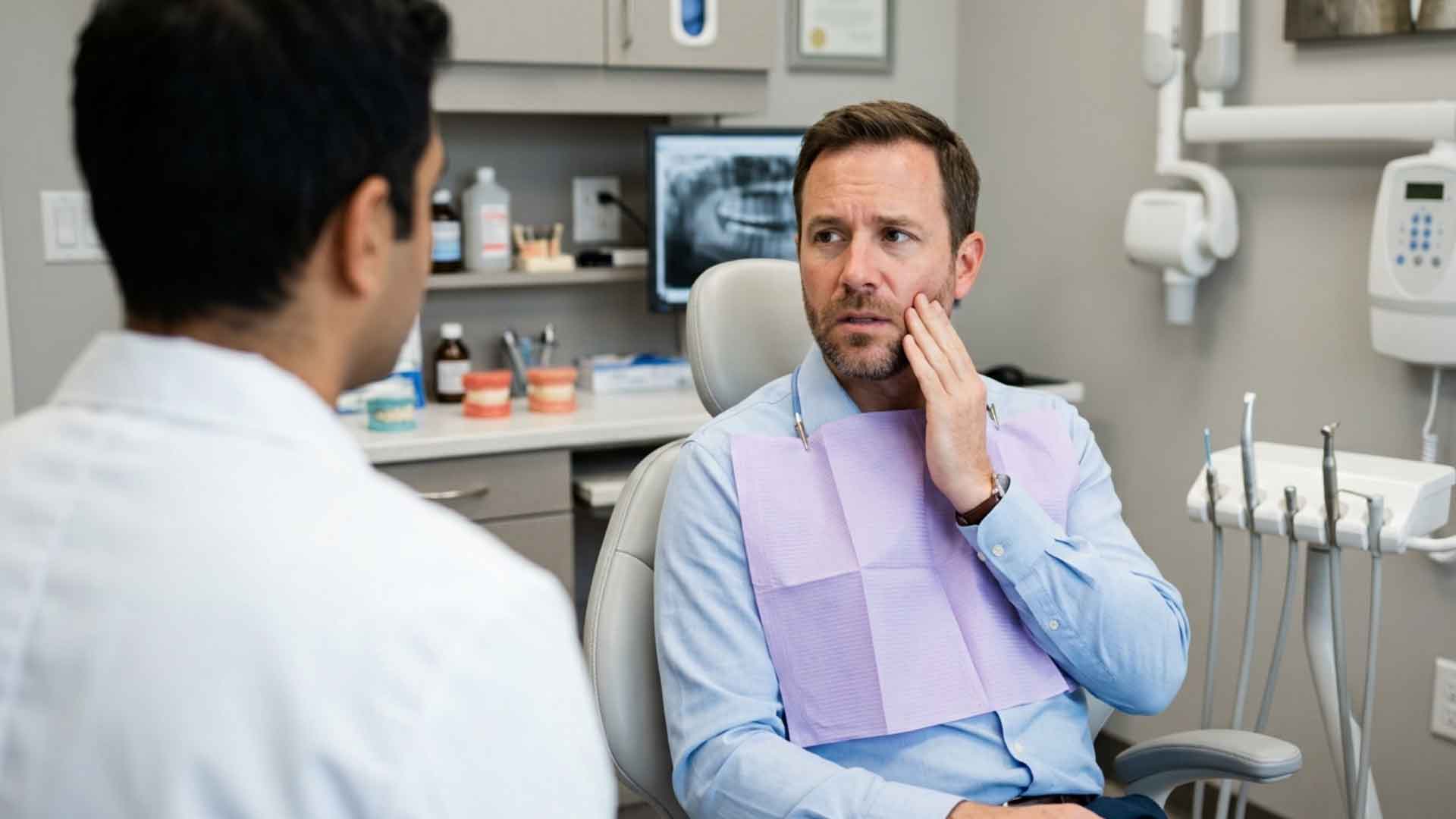 Patient holding his jaw while consulting an endodontist about tooth pain.