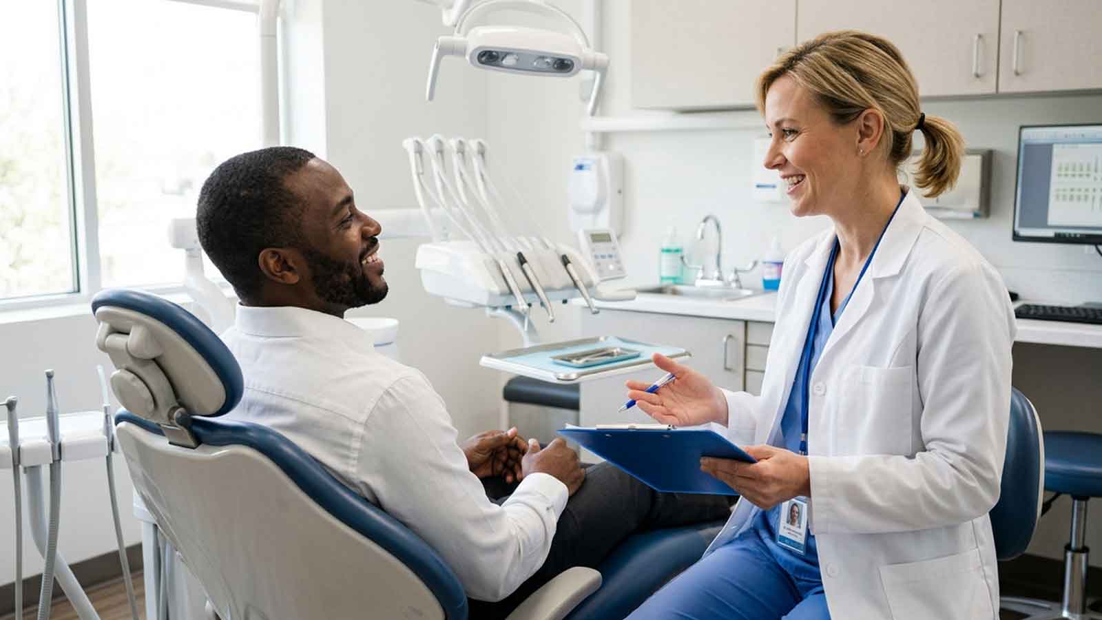 Endodontist discussing treatment options with a patient during a dental consultation.