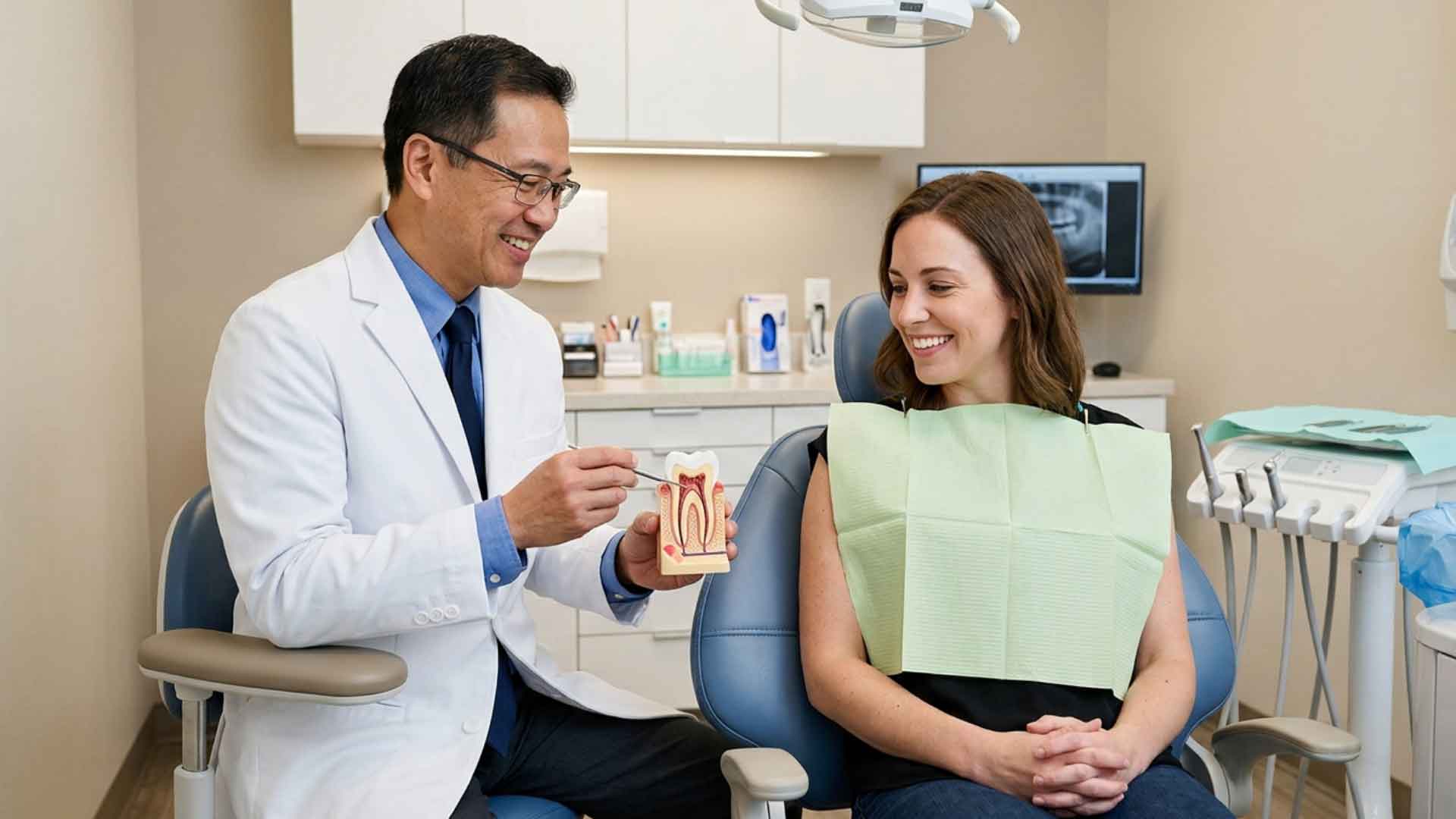 Endodontist using a tooth model to explain diagnosis and treatment options to a patient.