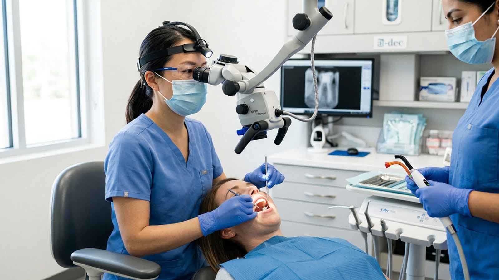 Endodontist performing an apicoectomy procedure.
