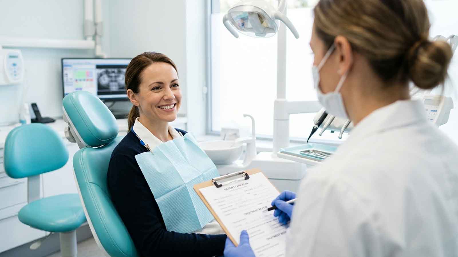 Dental professional reviewing an apicoectomy treatment plan with a patient.