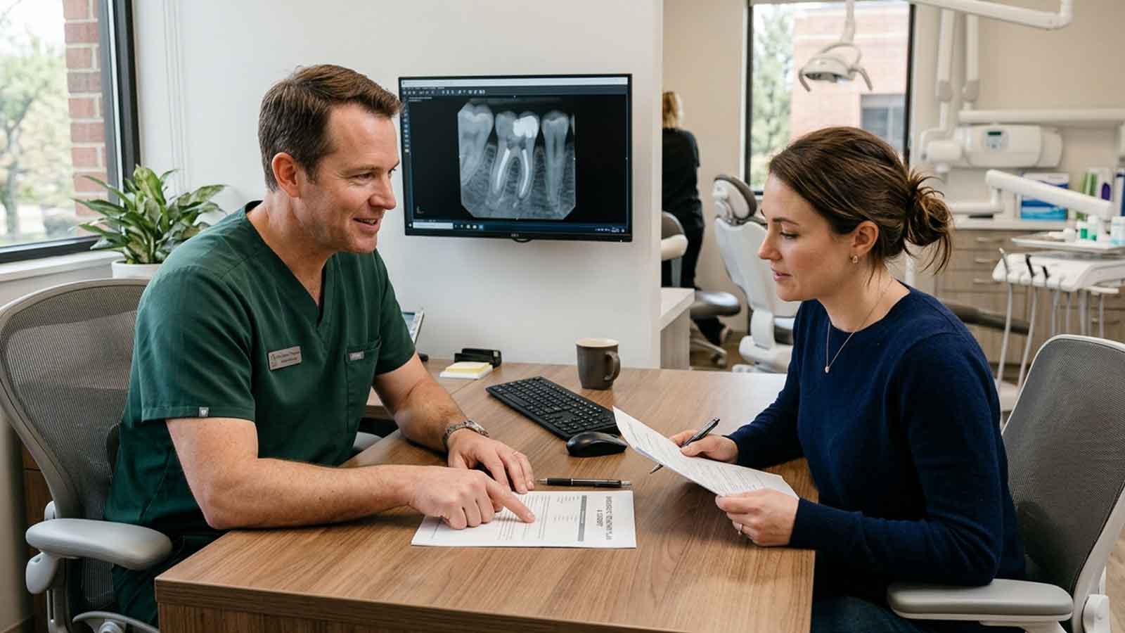 Dentist and patient reviewing dental records and treatment details.
