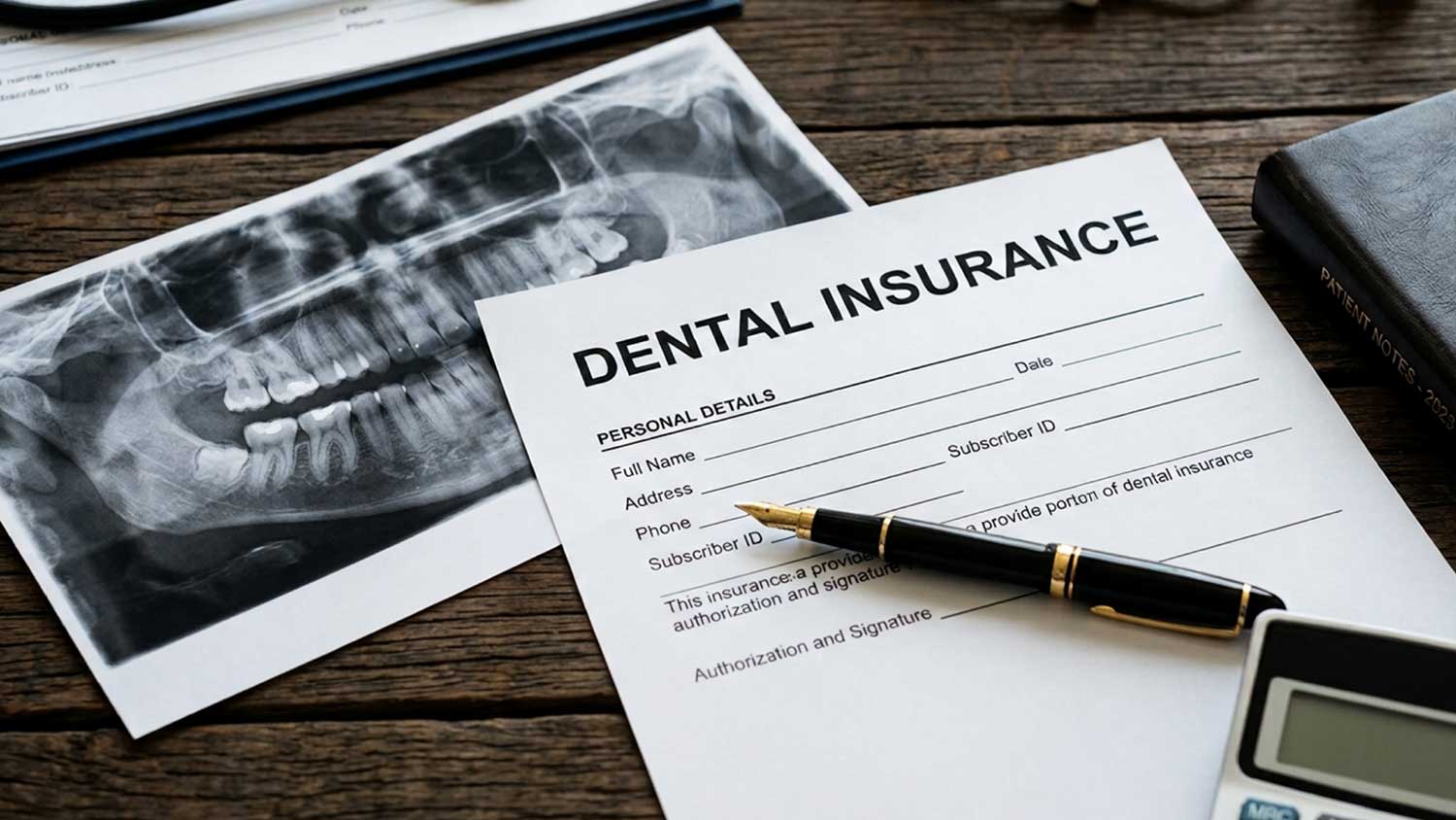 Dental insurance paperwork with a dental X-ray used to review endodontic treatment coverage.
