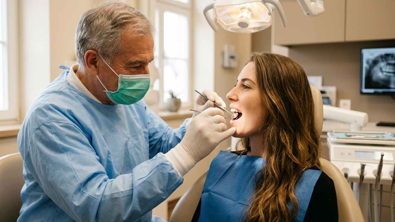 Endodontist examining a patient’s tooth before apicoectomy surgery.