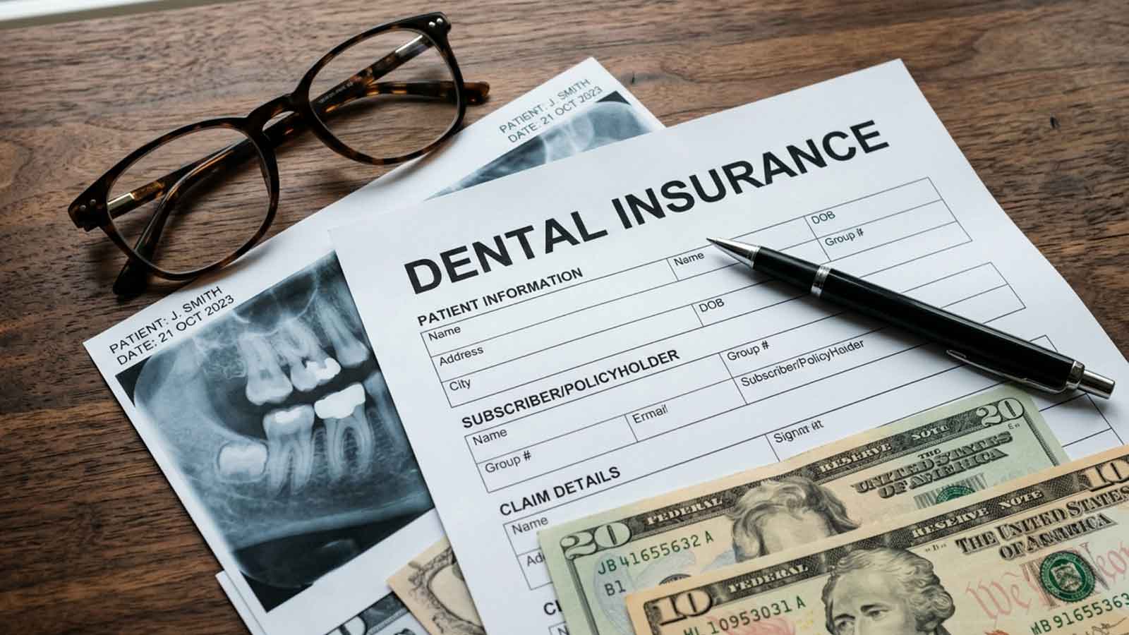Dental insurance form beside dental X-rays and money.