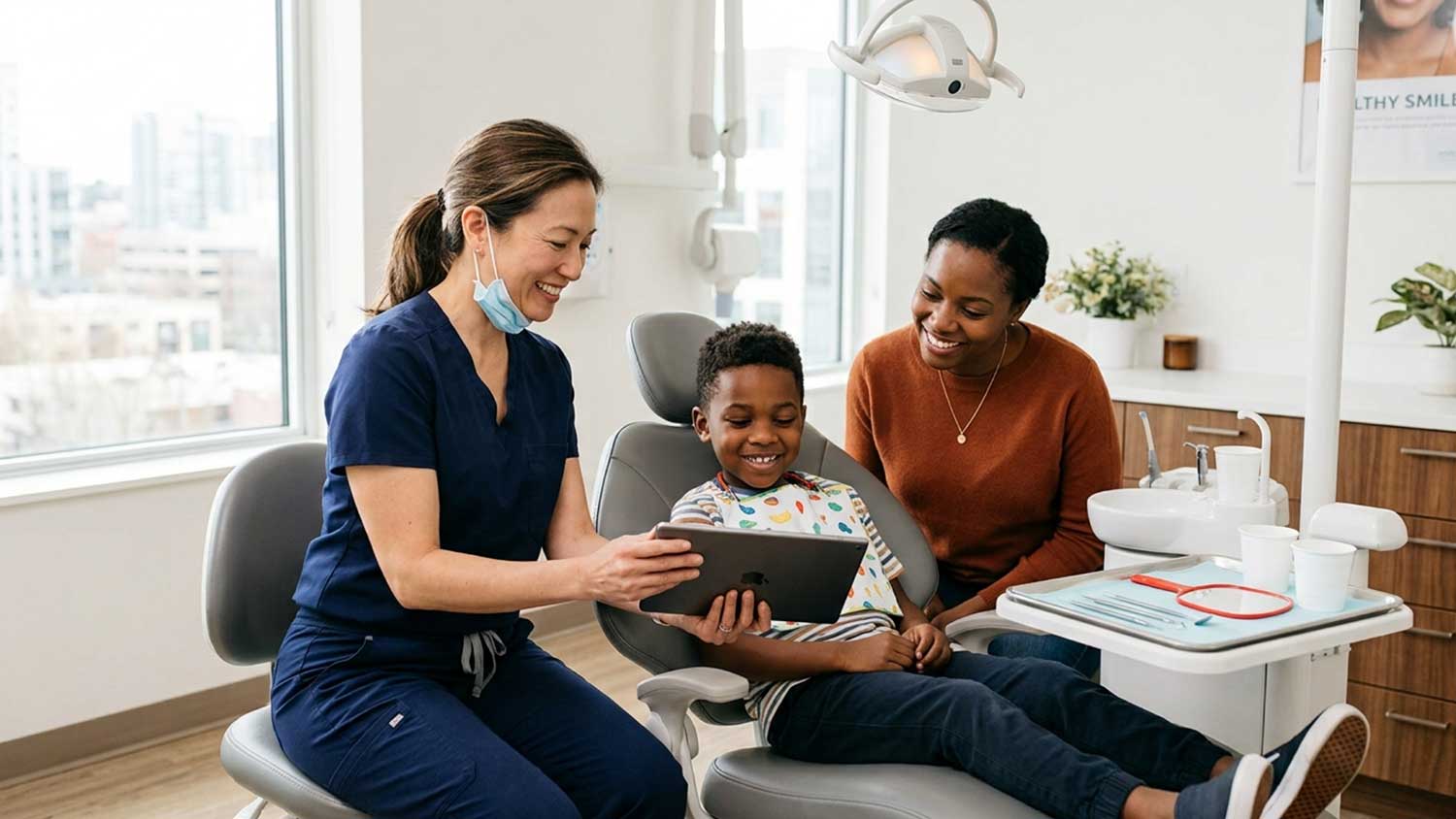 Dental professional discussing treatment details and insurance coverage with a child and parent.