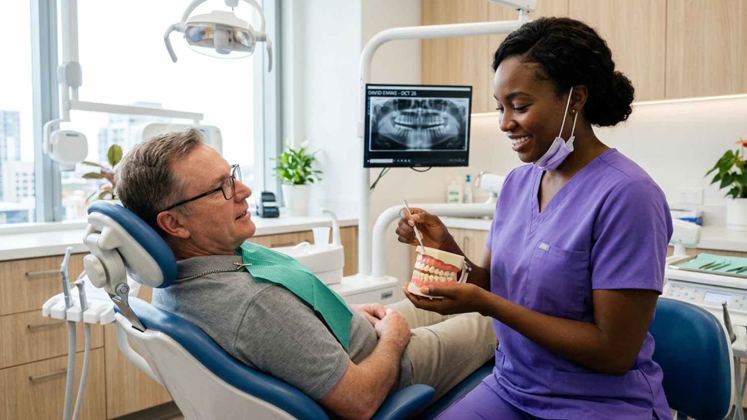 Endodontic specialist explaining treatment with a dental model before apicoectomy surgery.