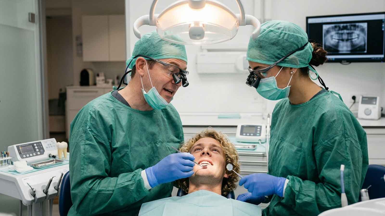 Endodontists discussing and performing apicoectomy treatment with a patient.