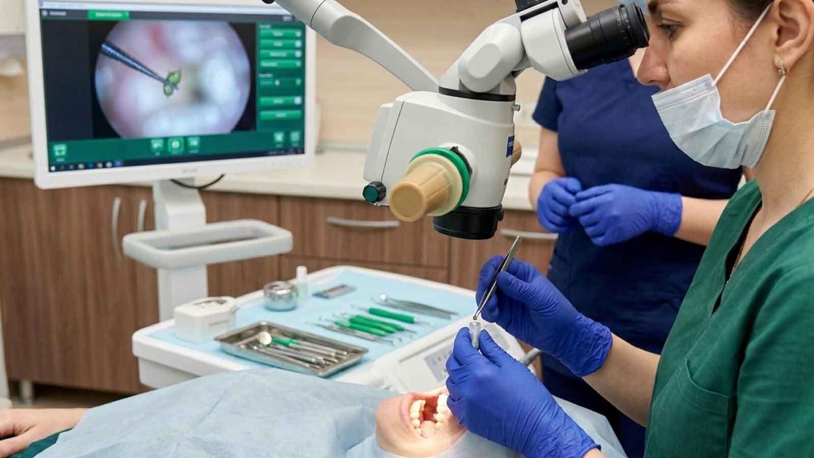 Endodontist performing endodontic treatment under magnification during an apicoectomy procedure.