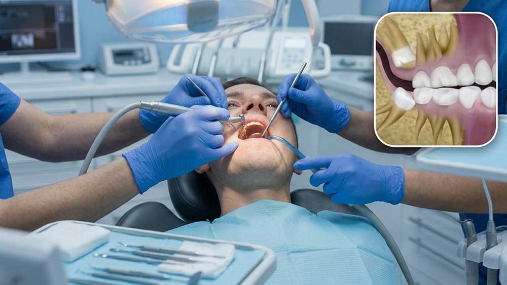 Dentist treating a patient during oral surgery.