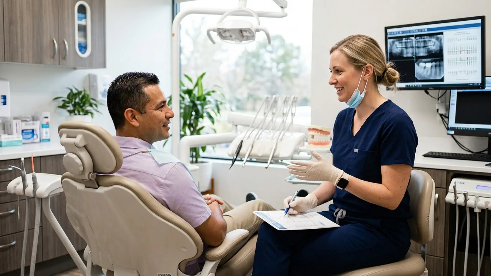 Endodontic consultation with a patient in a modern dental office.