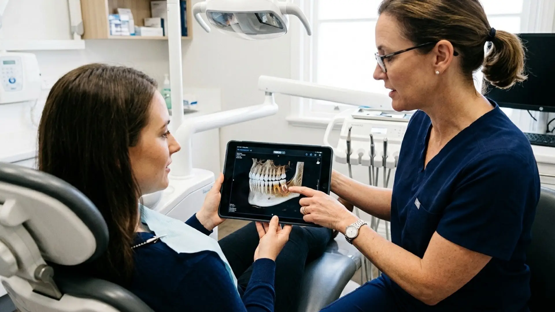 Endodontist reviewing a 3D dental scan with a patient during an evaluation.