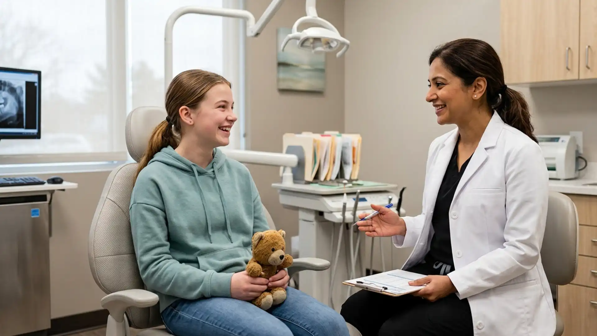 Teenage patient speaking with an endodontic specialist.