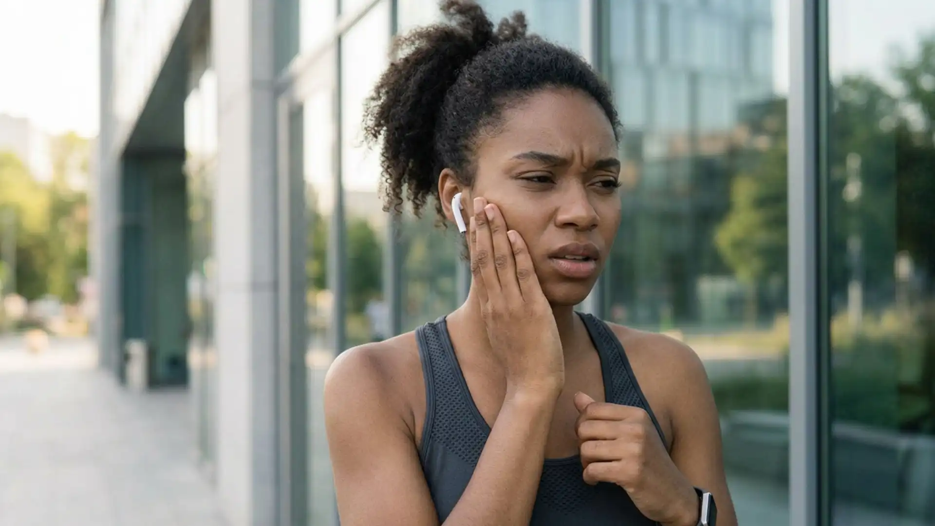 Person experiencing tooth pain after a workout.